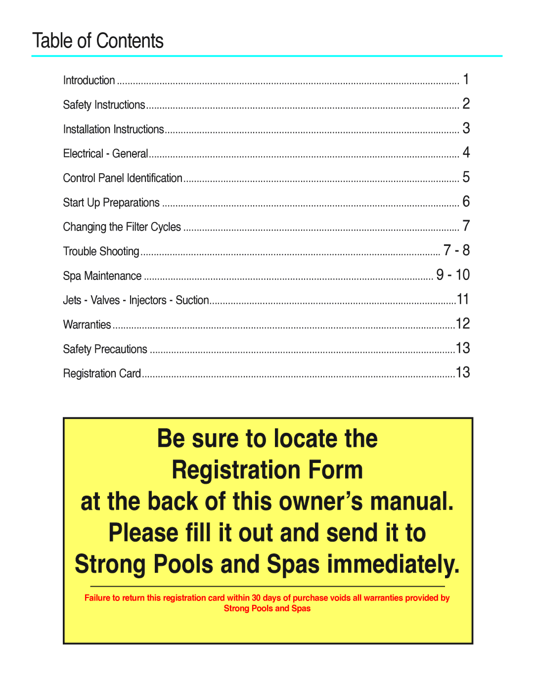 Strong Pools and Spas The Cyprus owner manual Table of Contents 