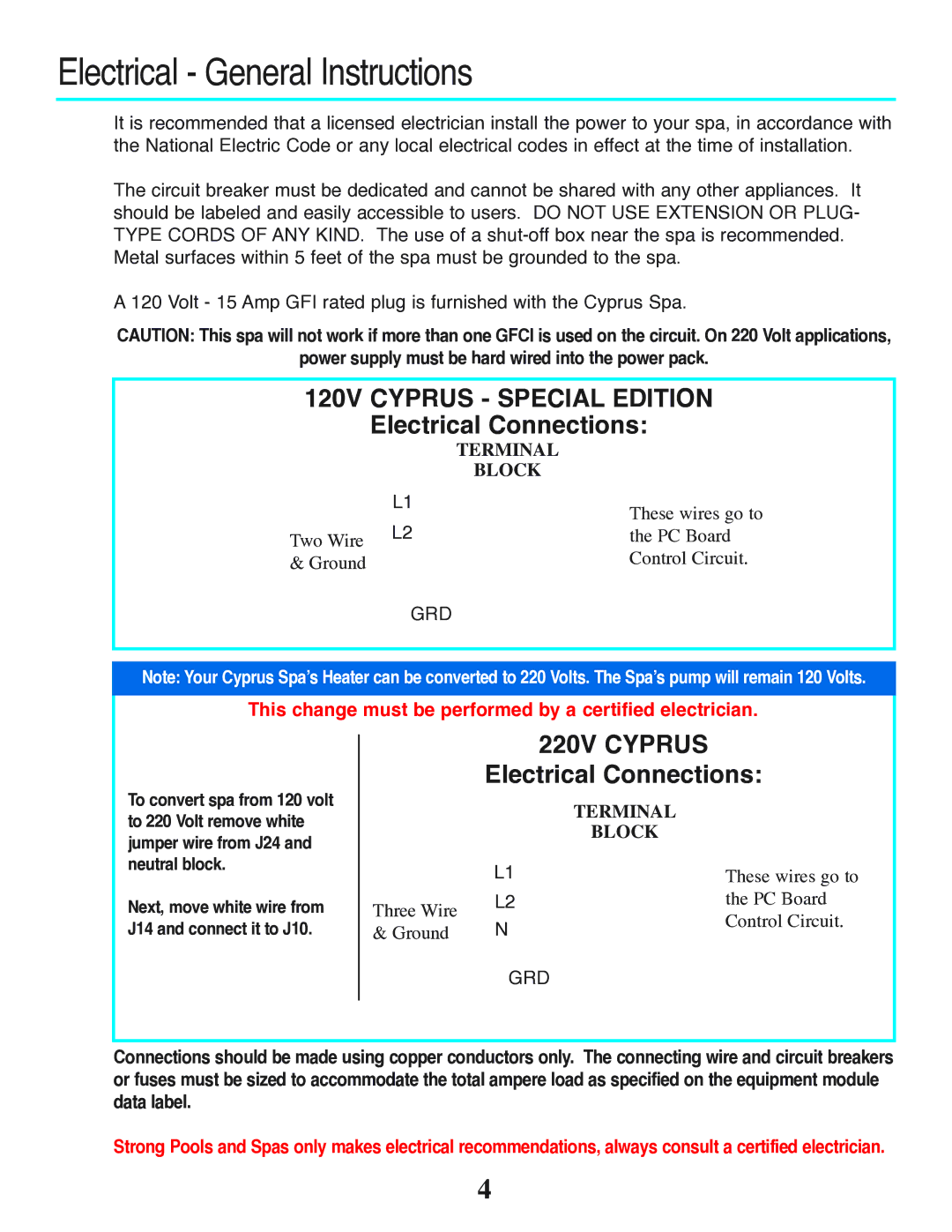 Strong Pools and Spas The Cyprus owner manual Electrical General Instructions, 120V Cyprus Special Edition 