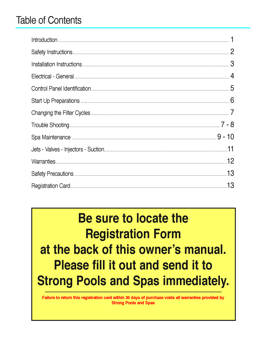 Strong Pools and Spas The Cyprus Table of Contents, Be sure to locate the Registration Form, Strong Pools and Spas 