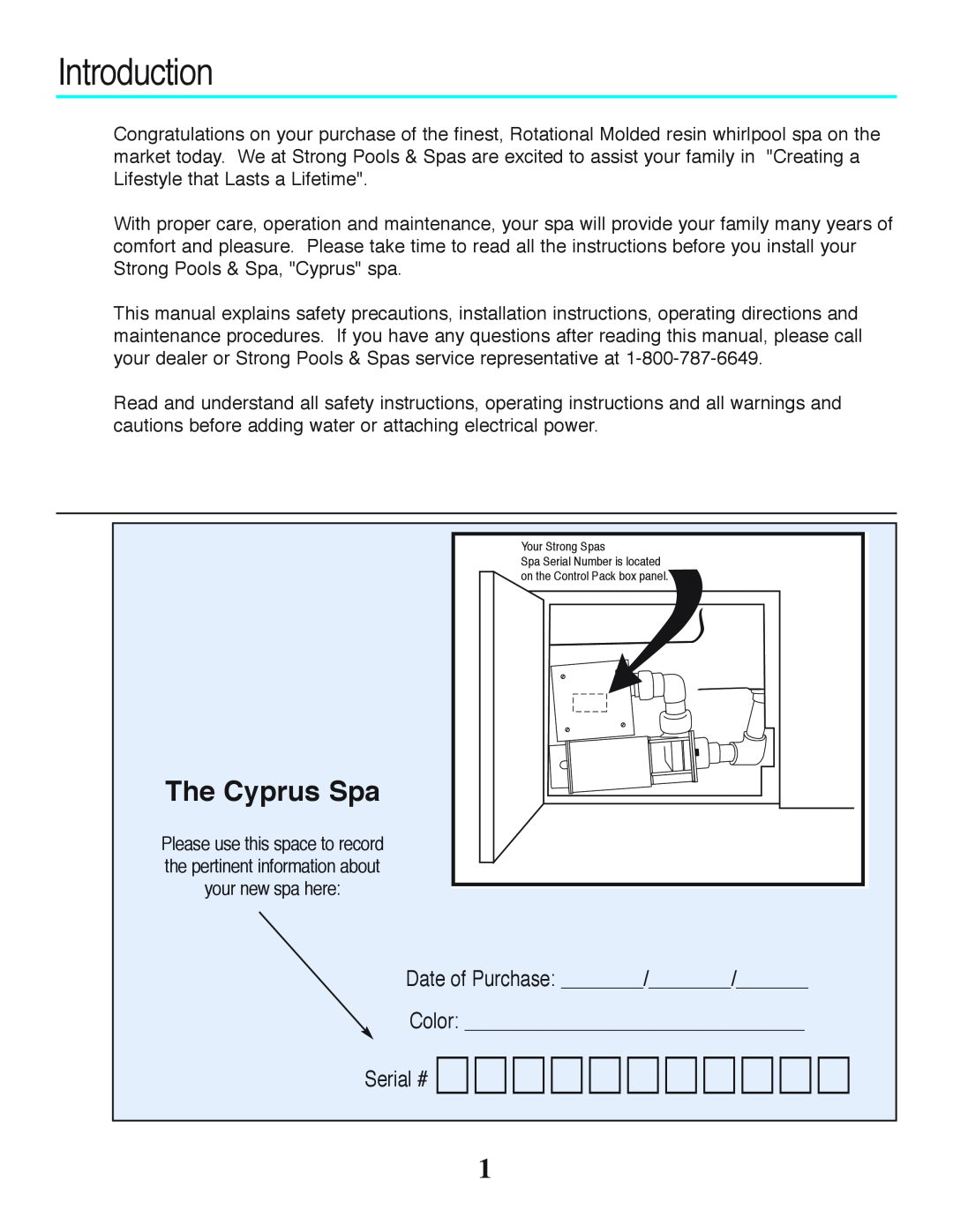 Strong Pools and Spas owner manual Introduction, The Cyprus Spa, Date of Purchase Color Serial # 