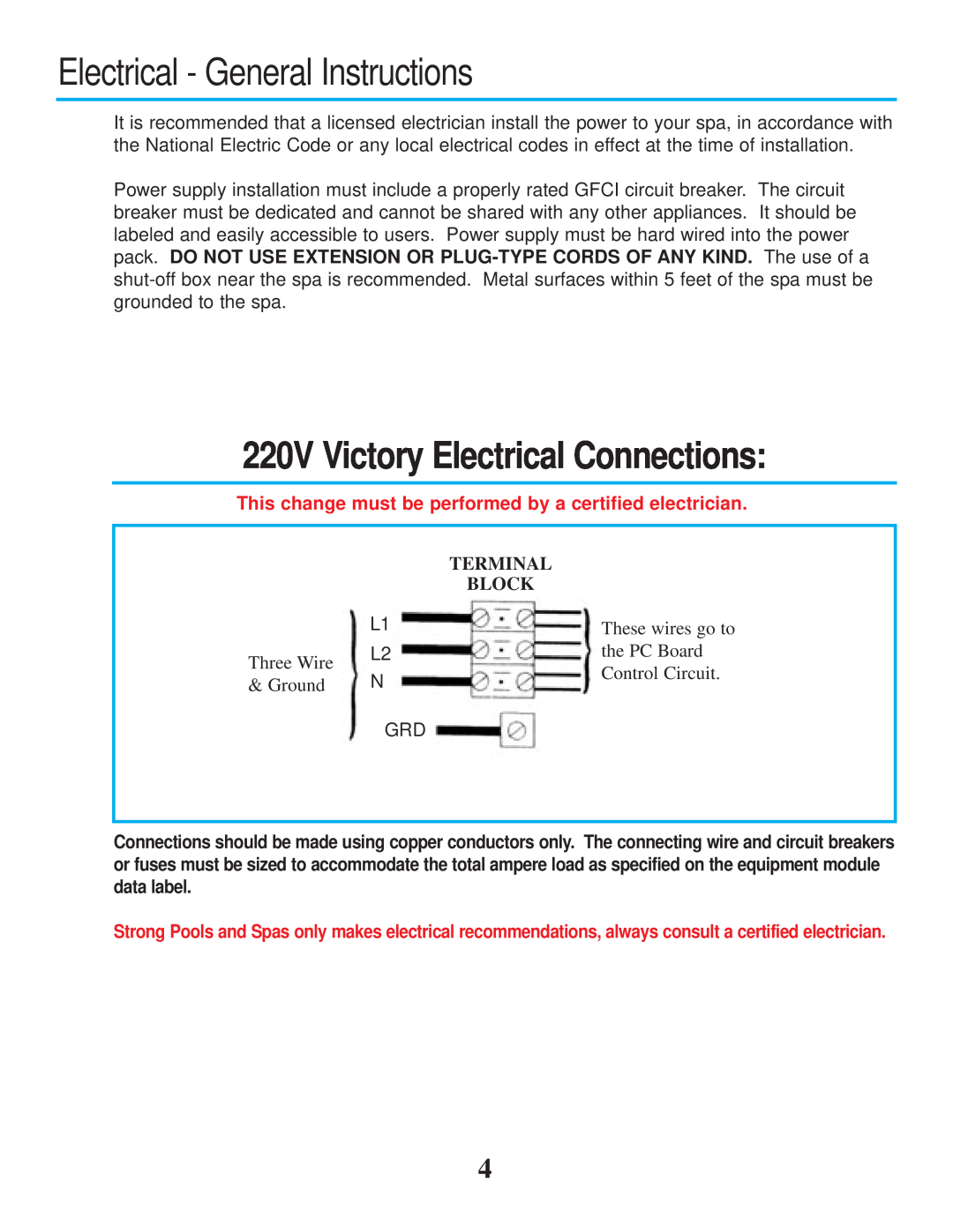 Strong Pools and Spas Victory Spa Electrical - General Instructions, 220V Victory Electrical Connections, Three Wire 