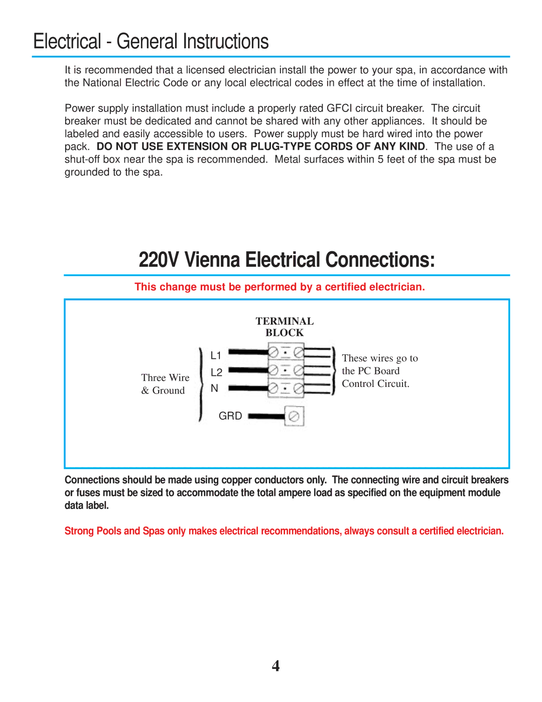 Strong Pools and Spas owner manual Electrical General Instructions, 220V Vienna Electrical Connections 