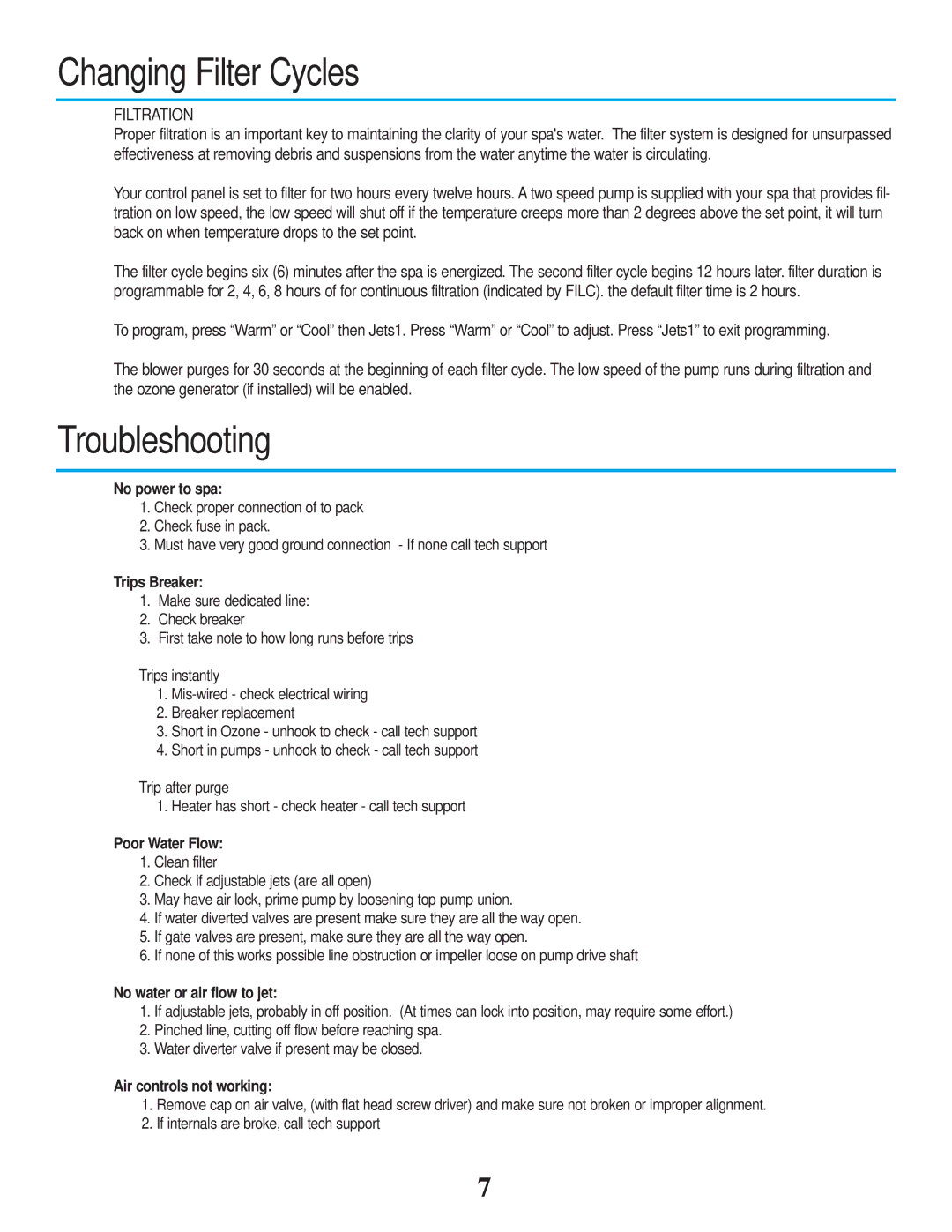 Strong Pools and Spas Vienna owner manual Changing Filter Cycles, Troubleshooting 