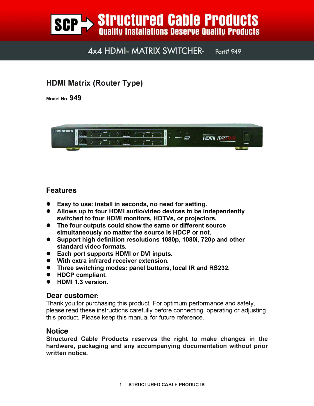 Structured Cable Products 949 operating instructions Hdmi Matrix Router Type 