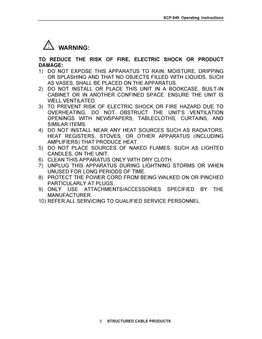 Structured Cable Products 949 operating instructions To Reduce the Risk of FIRE, Electric Shock or Product Damage 