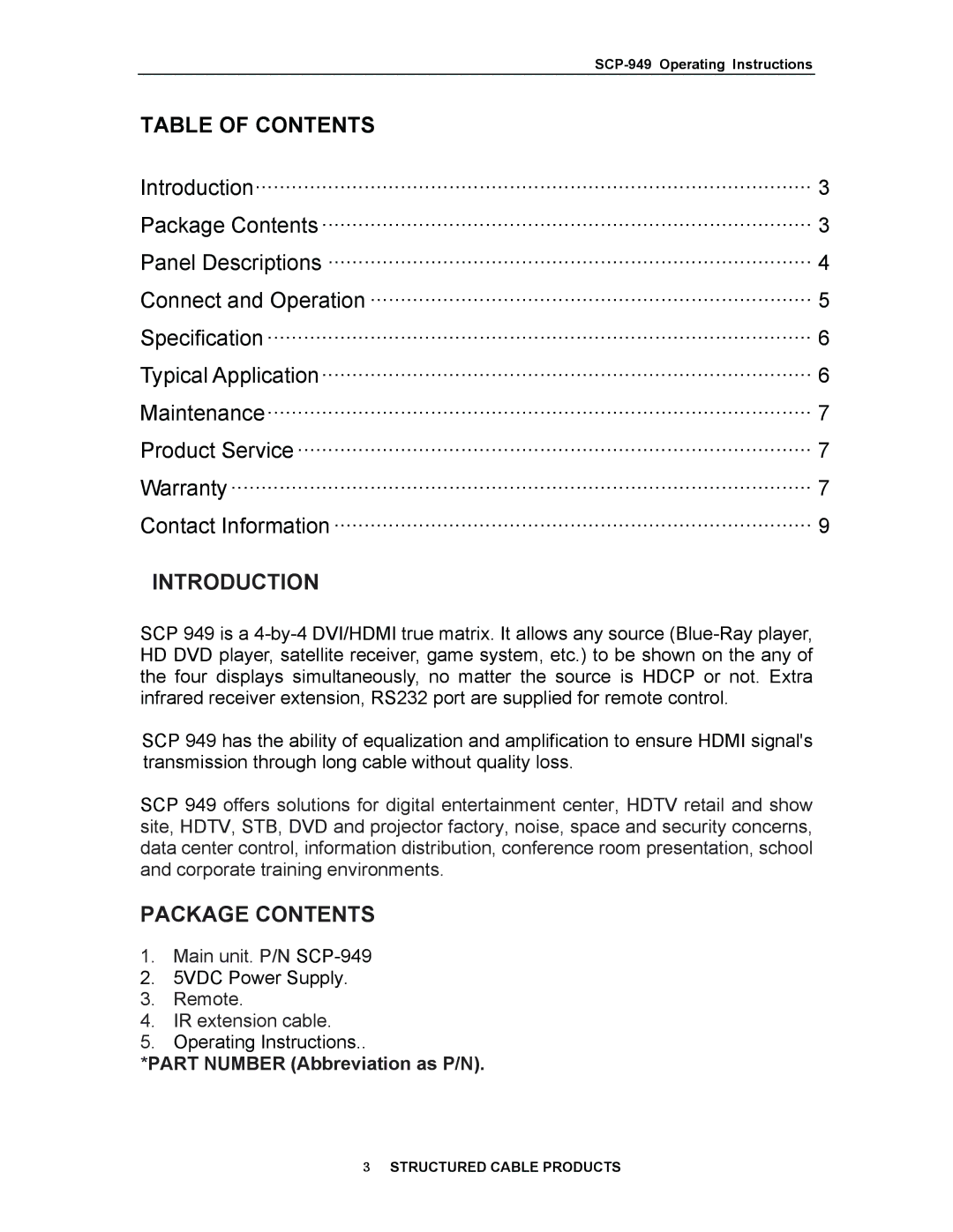 Structured Cable Products 949 operating instructions Introduction, Package Contents 