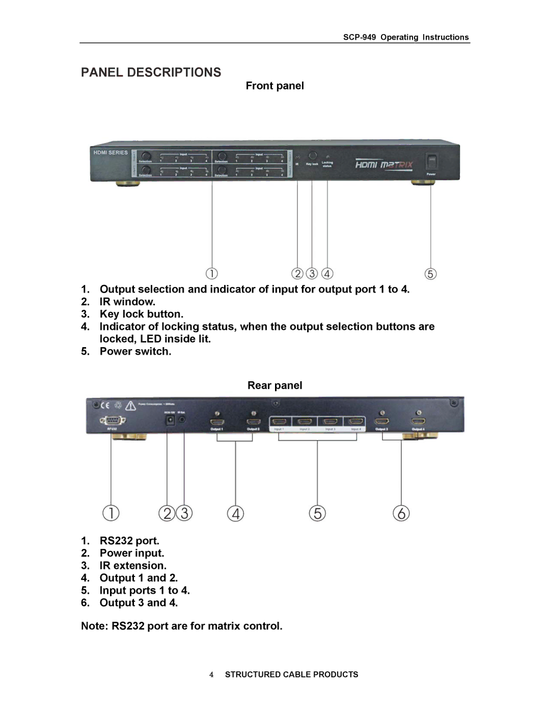 Structured Cable Products 949 operating instructions Panel Descriptions 