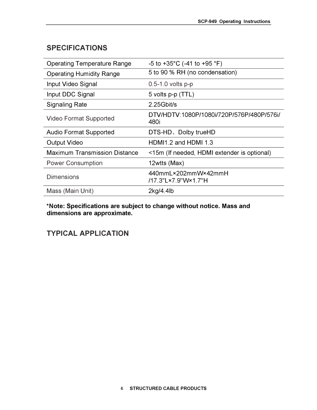 Structured Cable Products 949 operating instructions Specifications, Typical Application 