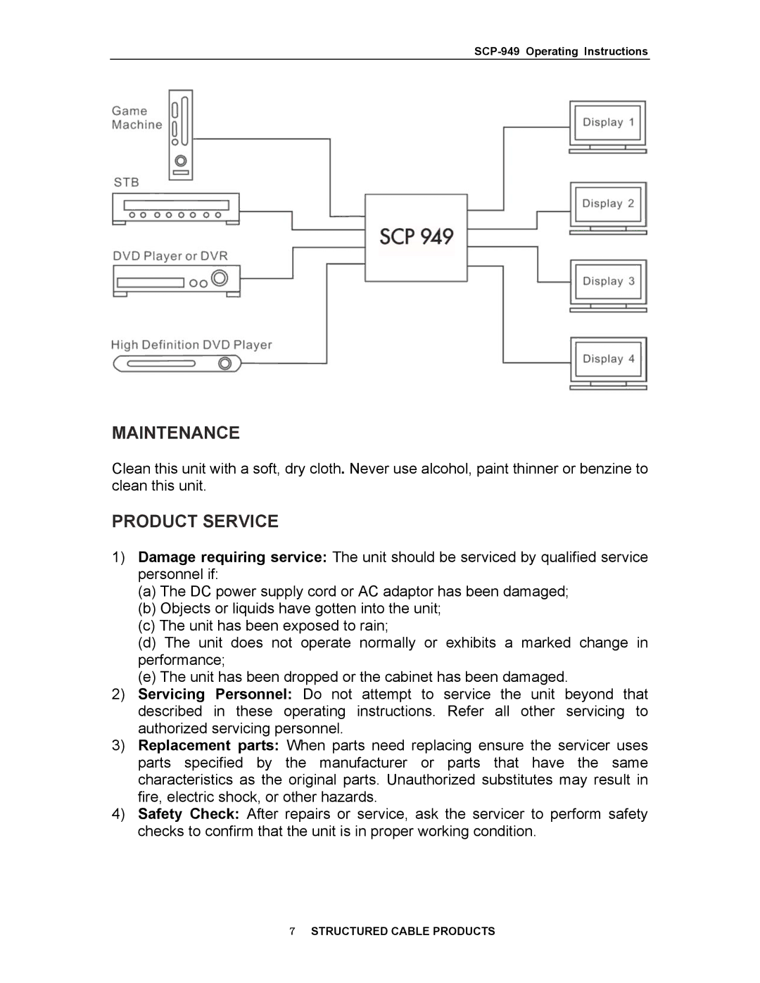 Structured Cable Products 949 operating instructions Maintenance, Product Service 