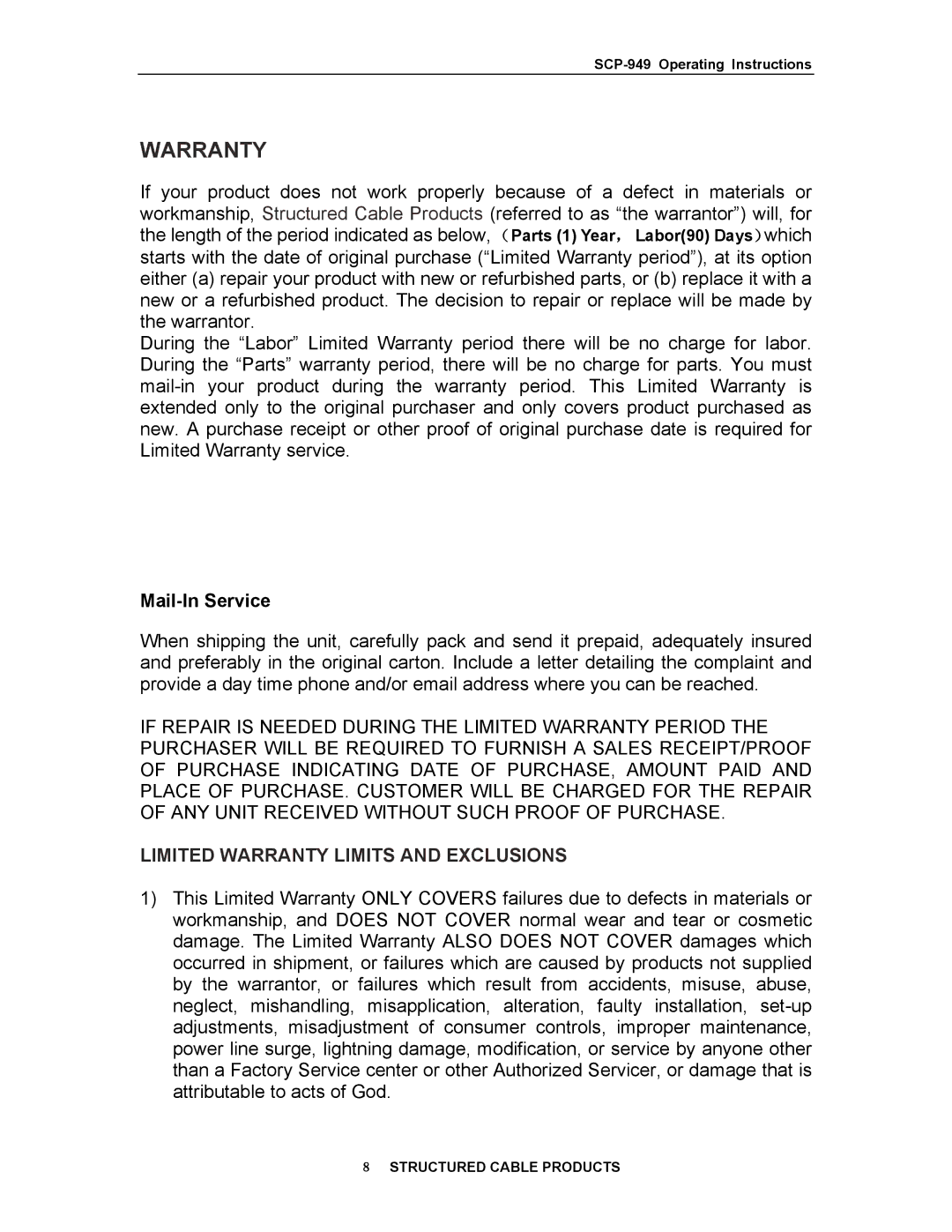 Structured Cable Products 949 operating instructions Warranty, Mail-In Service 