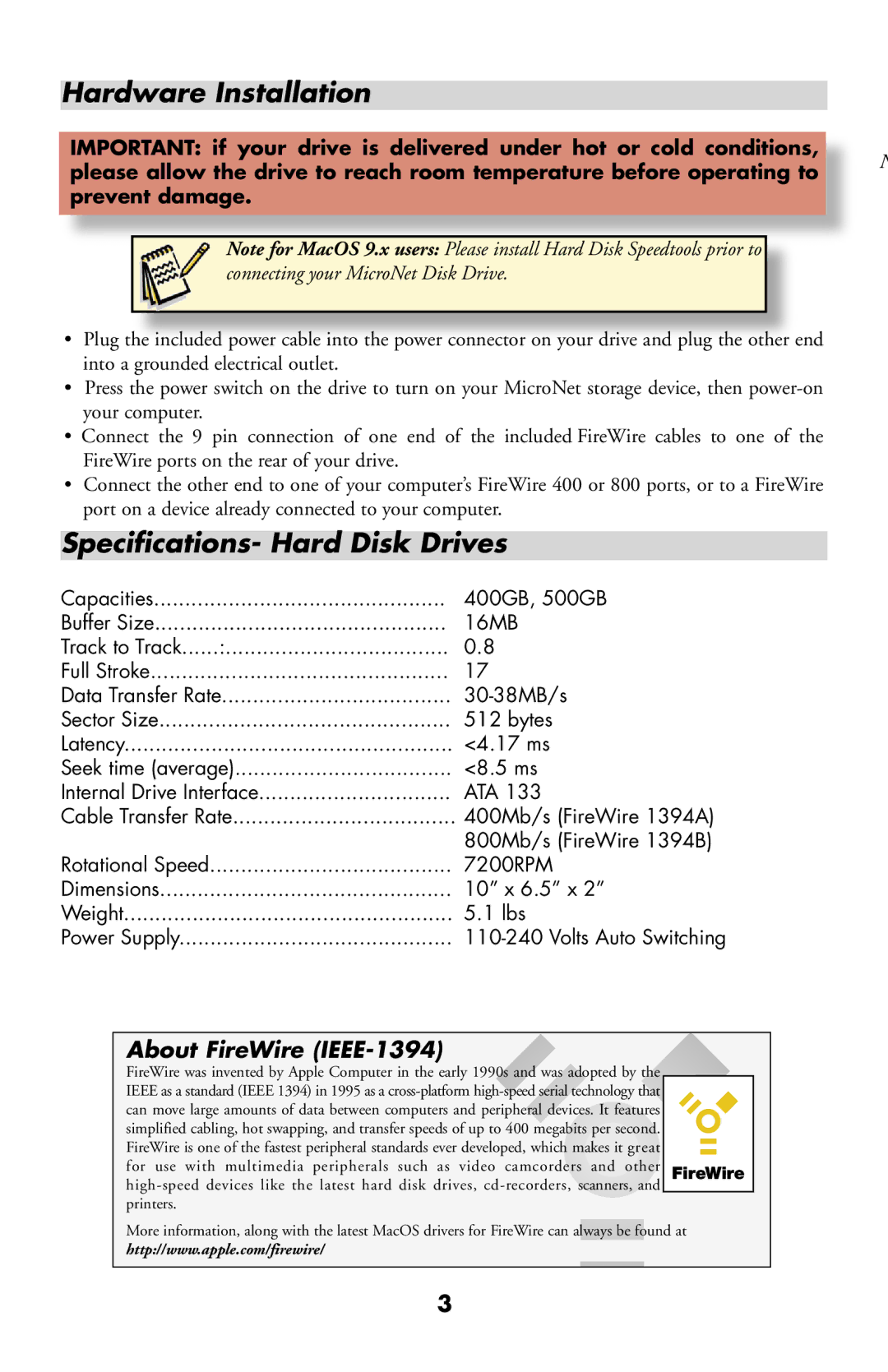 Structured Cable Products apple manual Hardware Installation, Speciﬁcations- Hard Disk Drives, Plug 