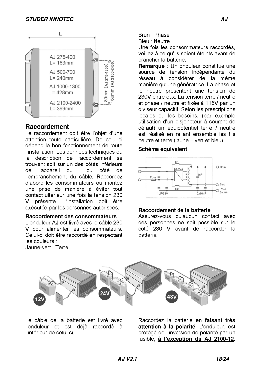 Studer Innotec AJ SERIES manuel dutilisation Raccordement, Schéma équivalent 