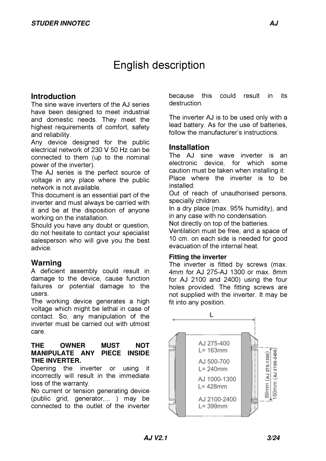 Studer Innotec AJ SERIES manuel dutilisation Introduction, Installation, Fitting the inverter 