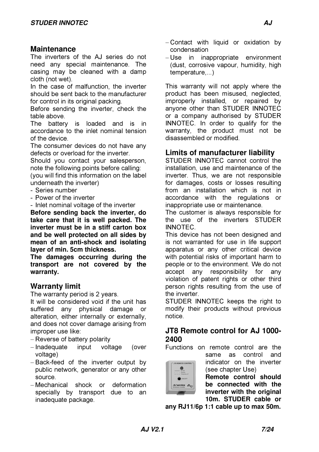 Studer Innotec AJ SERIES Maintenance, Warranty limit, Limits of manufacturer liability, JT8 Remote control for AJ 1000 