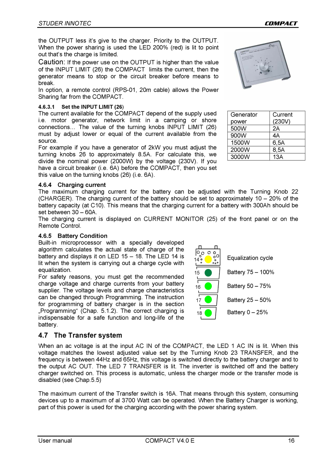 Studer Innotec C 1600-12, C 2600-24, C 4000-48 user manual Transfer system, Charging current 