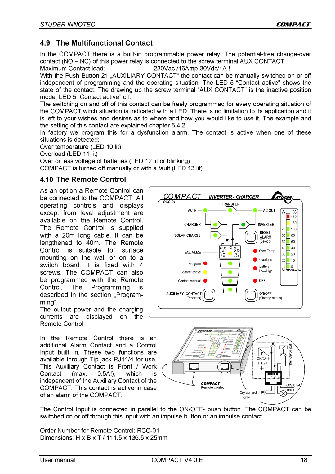 Studer Innotec C 1600-12, C 2600-24, C 4000-48 user manual Multifunctional Contact, Remote Control 