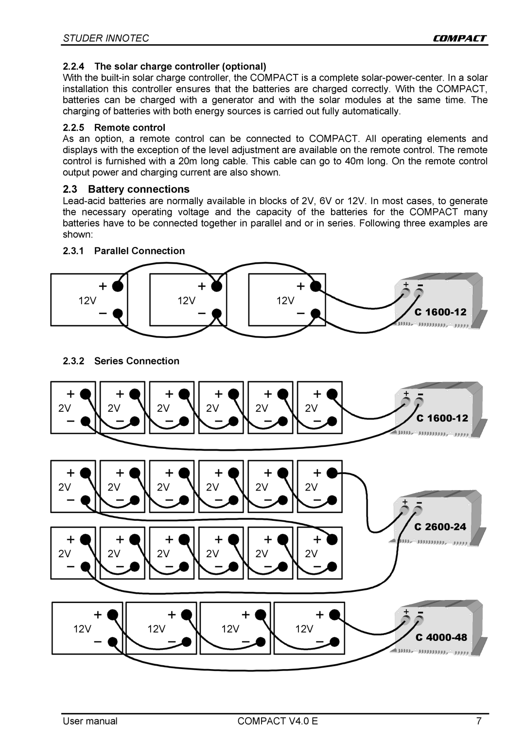 Studer Innotec C 1600-12, C 2600-24, C 4000-48 user manual Battery connections 