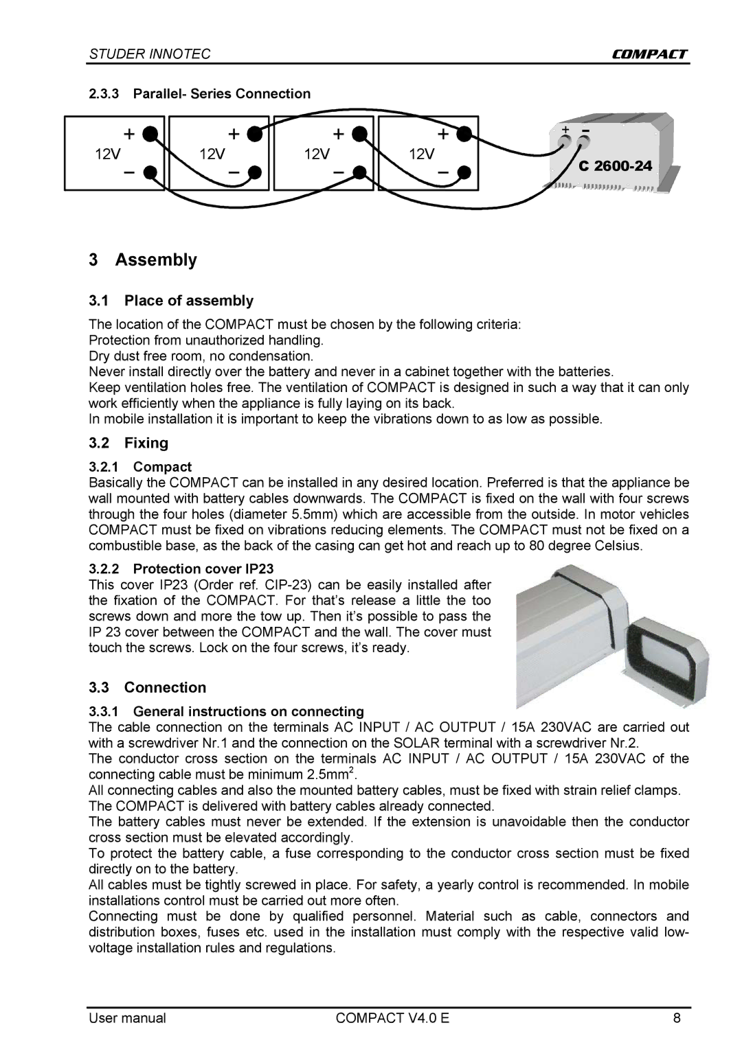 Studer Innotec C 1600-12, C 2600-24, C 4000-48 user manual Assembly, Place of assembly, Fixing, Connection 