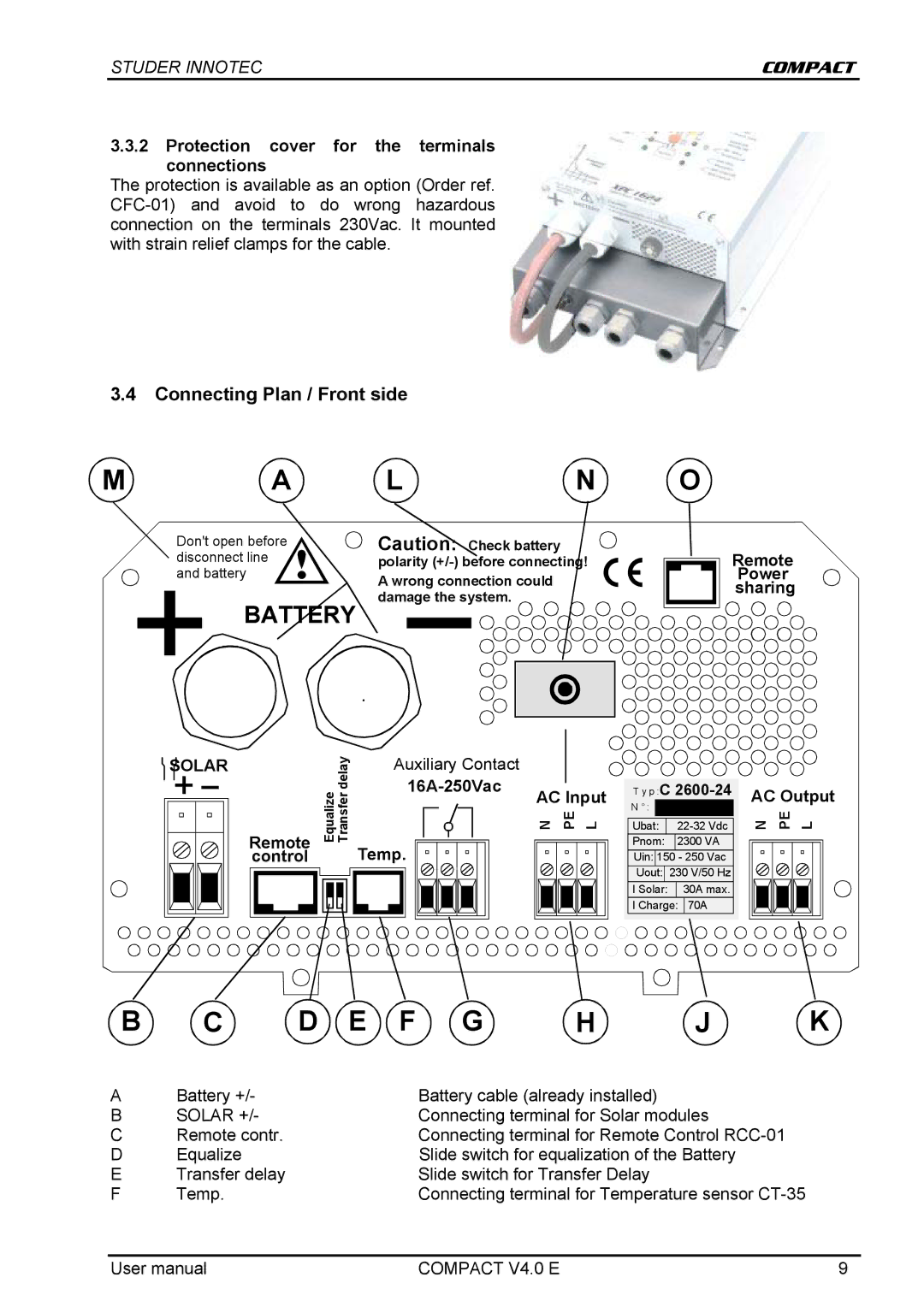 Studer Innotec C 1600-12, C 2600-24, C 4000-48 user manual Connecting Plan / Front side, Solar + 