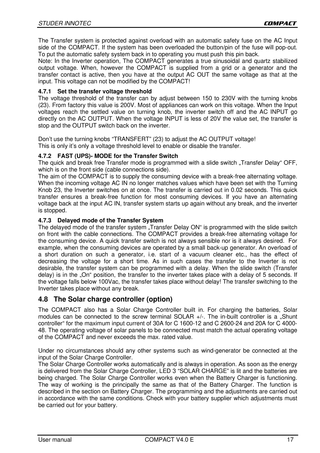 Studer Innotec C 2600-24, C 1600-12 user manual Solar charge controller option, Set the transfer voltage threshold 