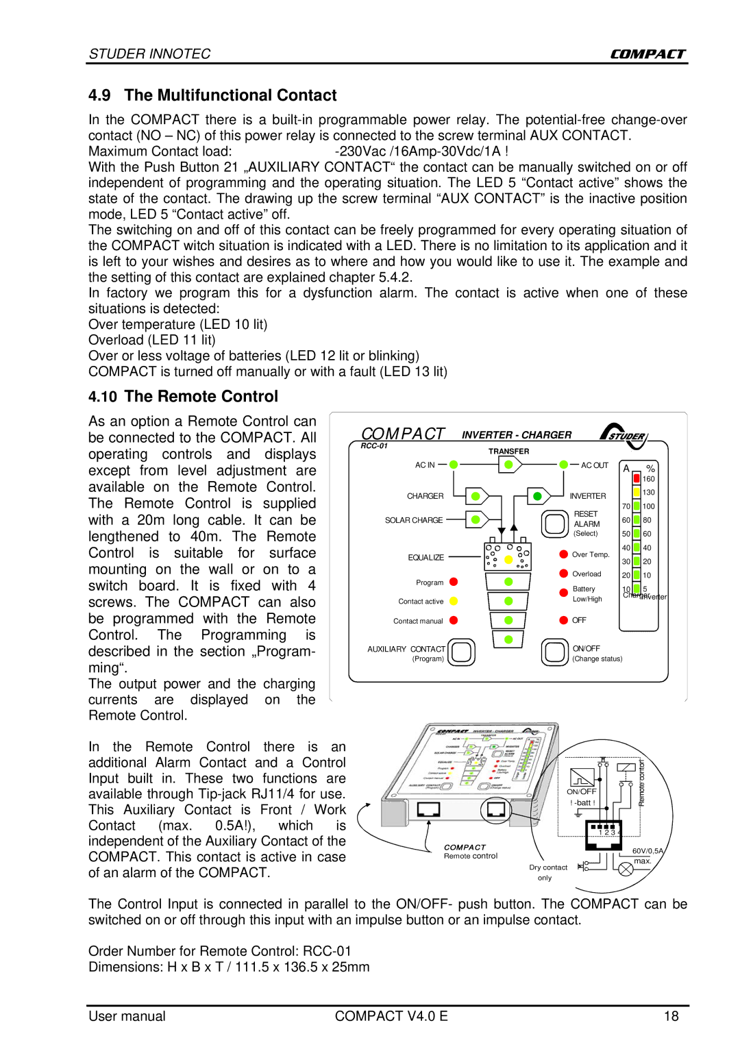 Studer Innotec C 1600-12, C 2600-24 user manual Multifunctional Contact, Remote Control 