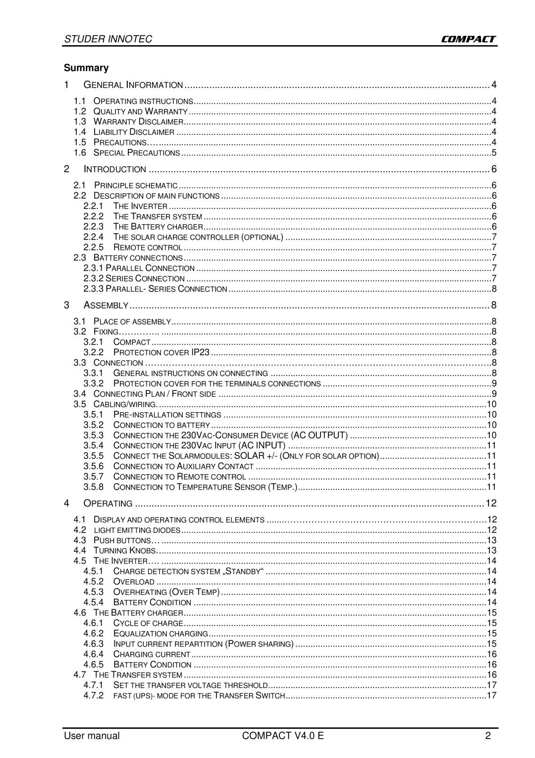 Studer Innotec C 1600-12, C 2600-24 user manual Summary, General Information, Introduction, Assembly, Operating 