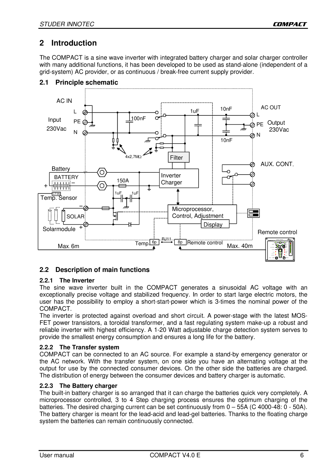 Studer Innotec C 1600-12, C 2600-24 user manual Introduction, Principle schematic, Description of main functions 