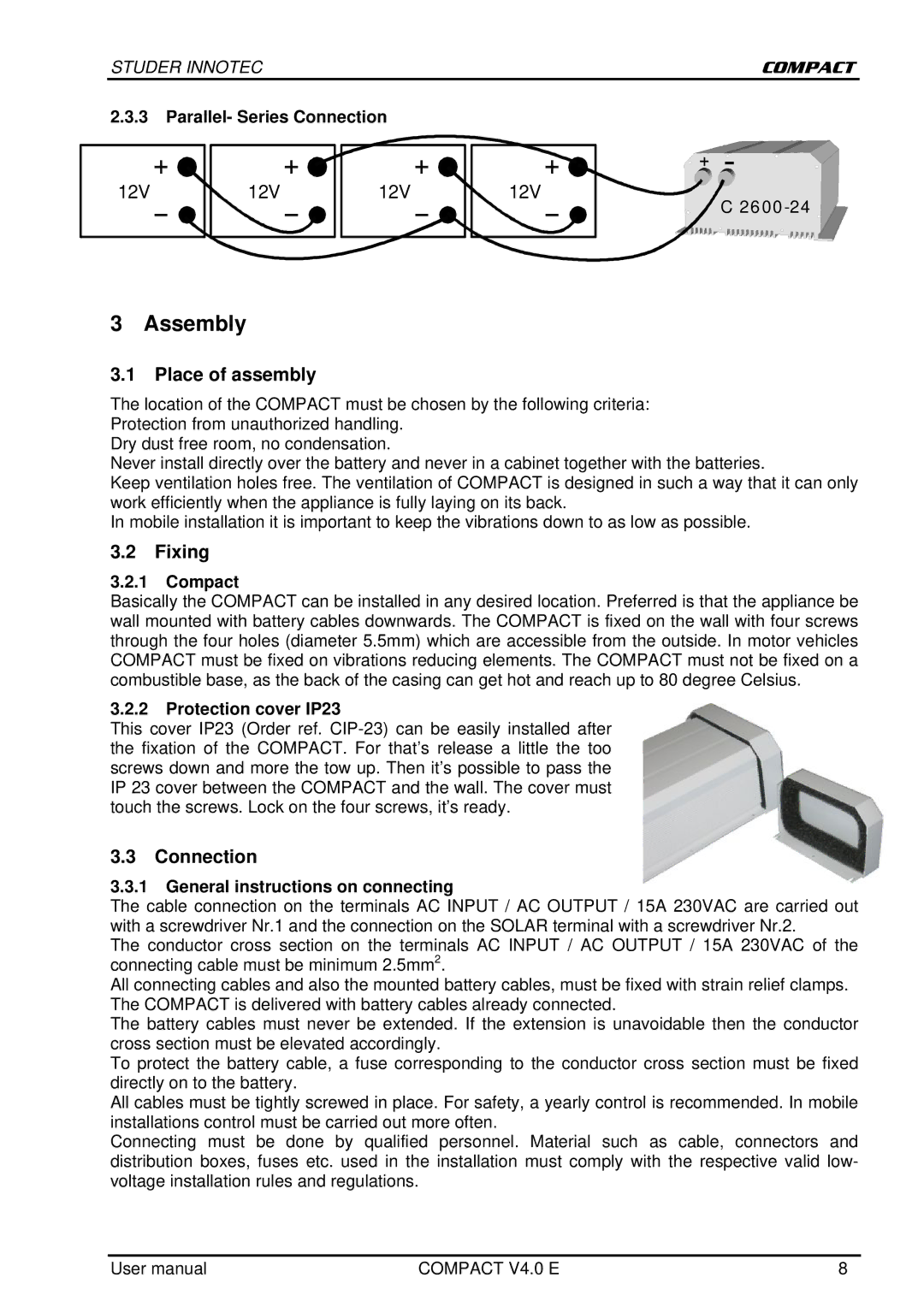 Studer Innotec C 1600-12, C 2600-24 user manual Assembly, Place of assembly, Fixing, Connection 