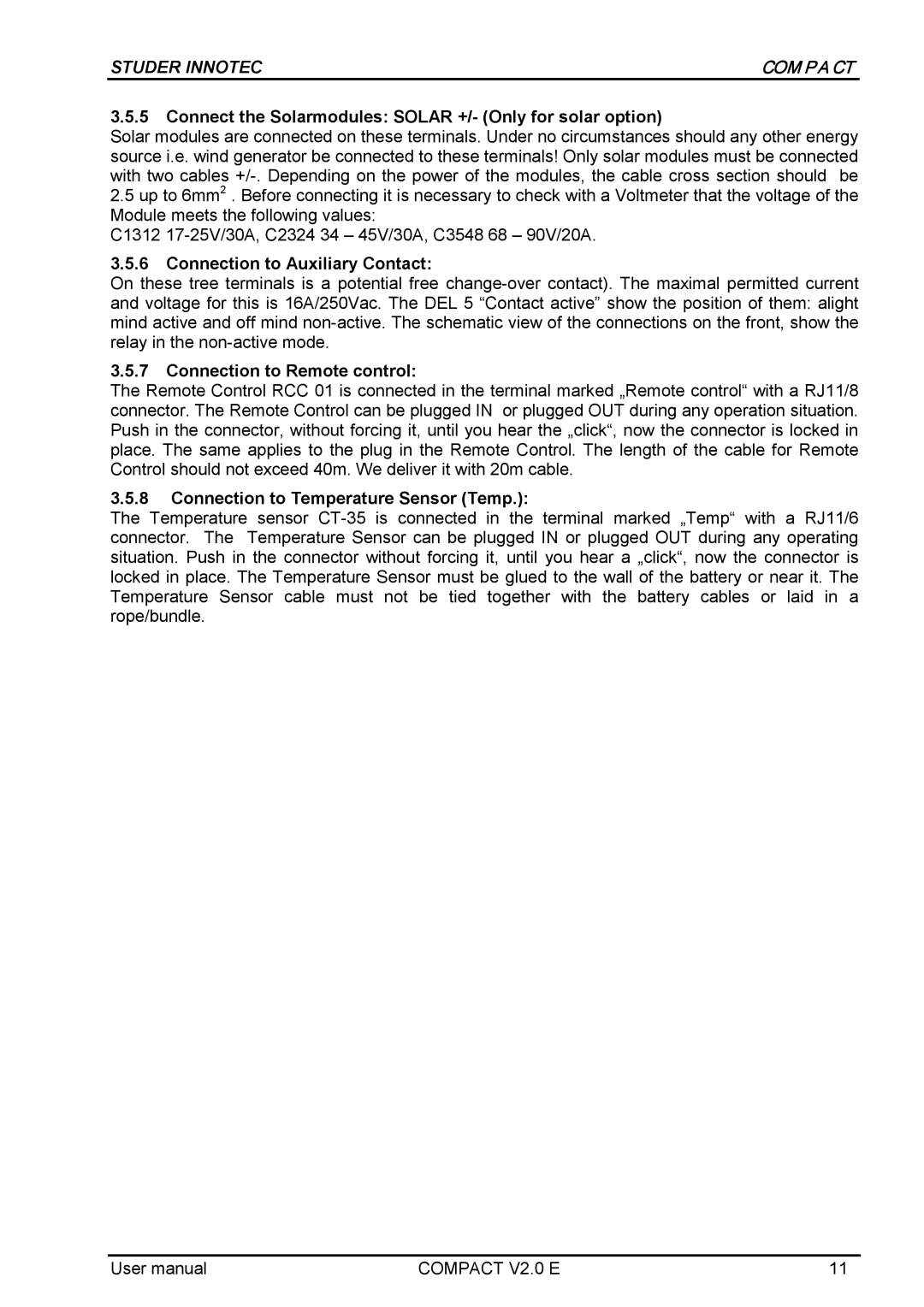 Studer Innotec C2324 COMPACT Connect the Solarmodules Solar +/- Only for solar option, Connection to Auxiliary Contact 