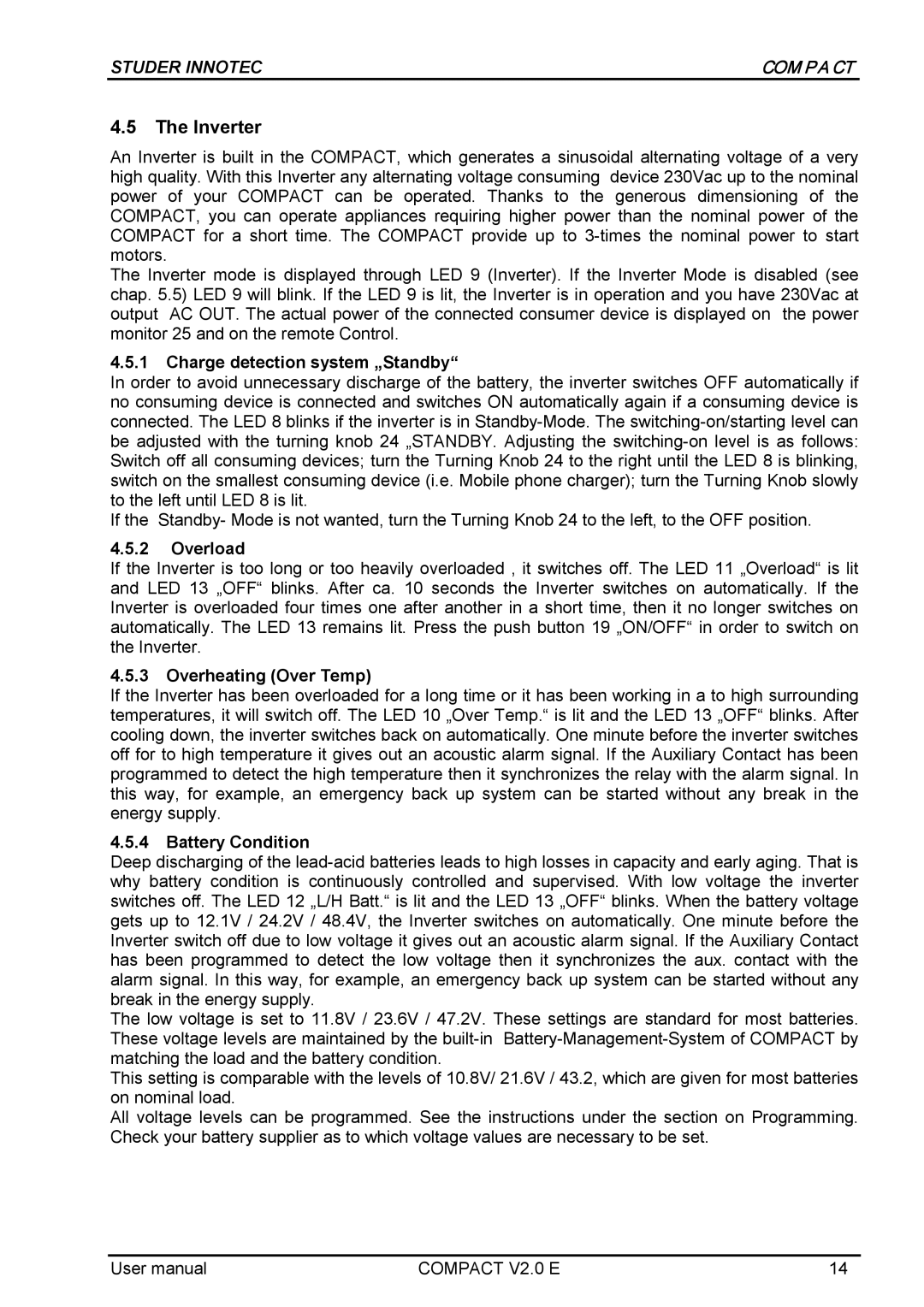 Studer Innotec C3548 COMPACT, C1312 COMPACT Inverter, Charge detection system „Standby, Overload, Overheating Over Temp 