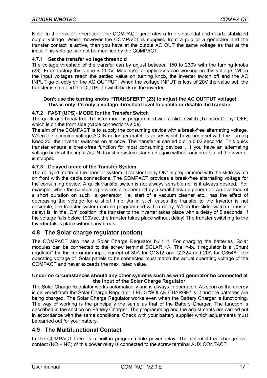 Studer Innotec C3548 user manual Solar charge regulator option, Multifunctional Contact, Set the transfer voltage threshold 