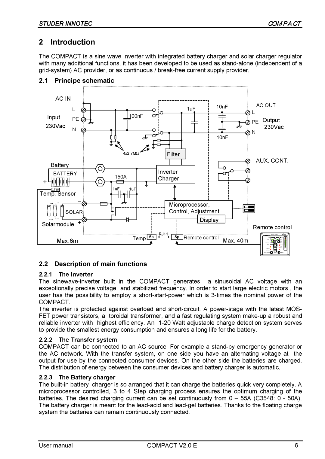 Studer Innotec C3548 COMPACT, C1312 COMPACT, C2324 COMPACT Introduction, Principe schematic, Description of main functions 