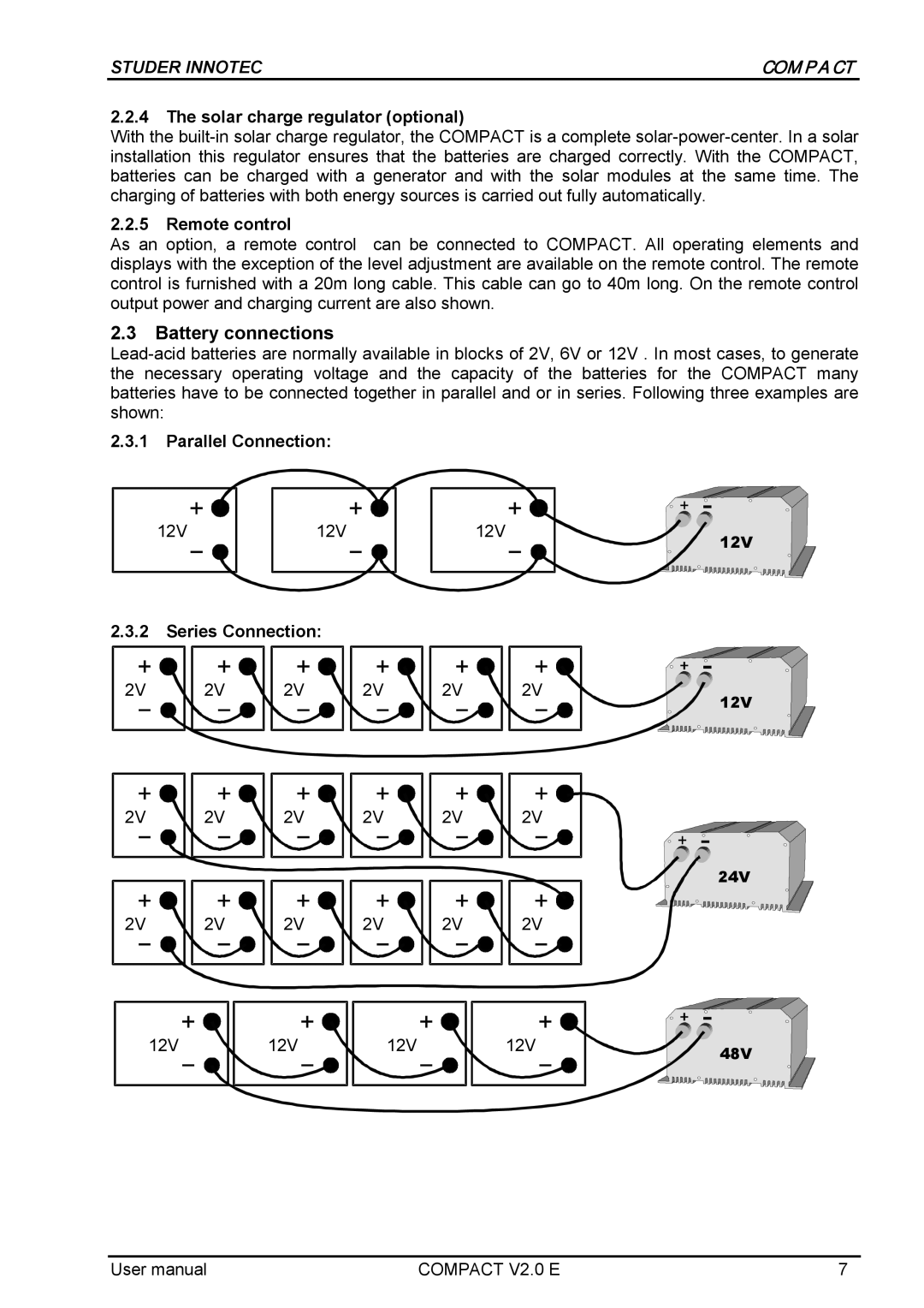 Studer Innotec C2324 COMPACT Battery connections, Solar charge regulator optional, Remote control, Parallel Connection 