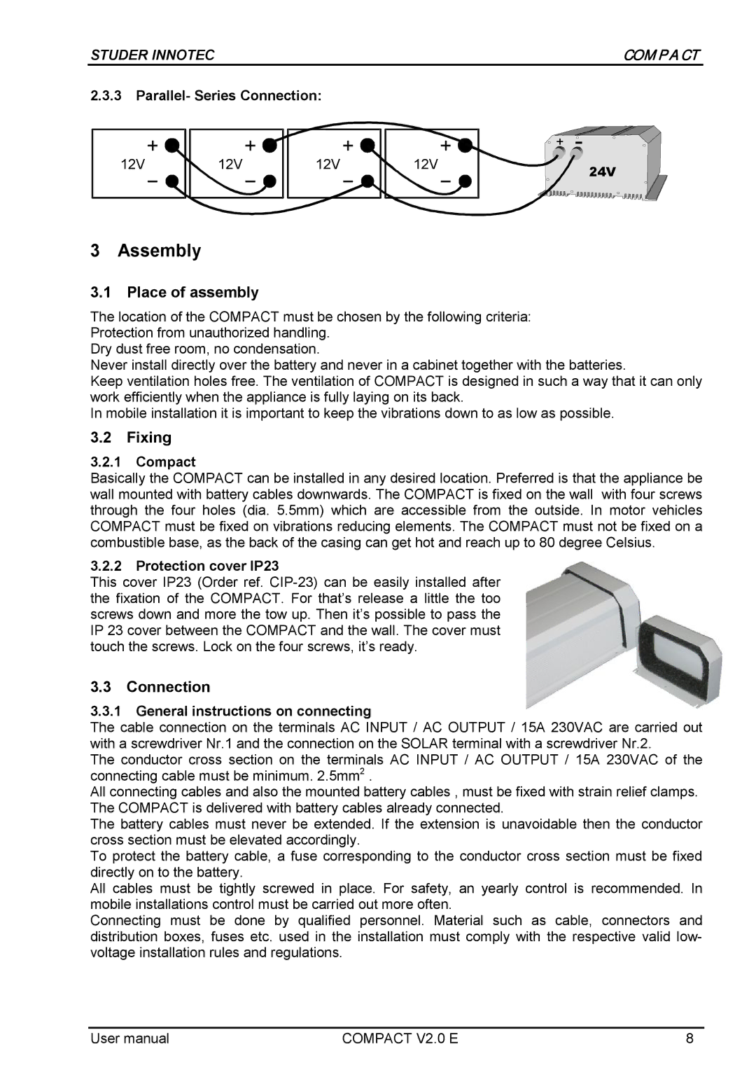 Studer Innotec C1312 COMPACT, C3548 COMPACT, C2324 COMPACT user manual Assembly, Place of assembly, Fixing, Connection 