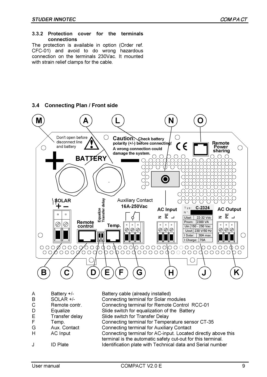 Studer Innotec C3548, C1312 COMPACT Connecting Plan / Front side, Protection cover for the terminals connections, Solar + 