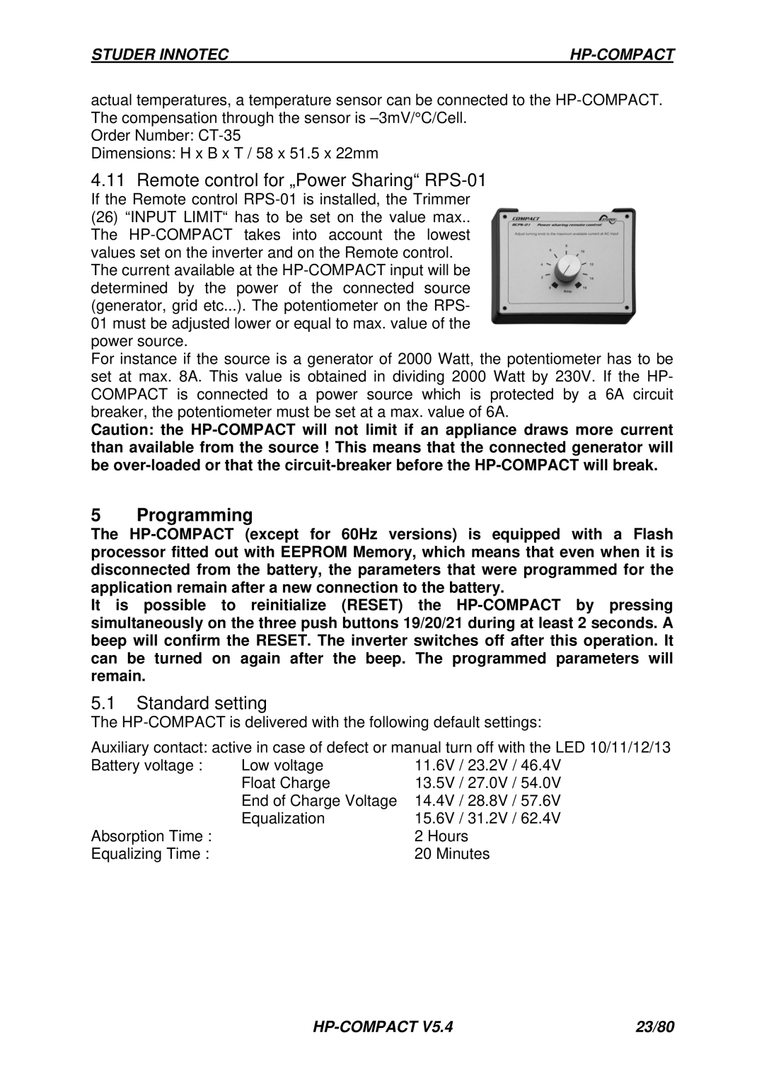 Studer Innotec HPC 2800-12, HPC 4400-24, HPC 600-48, HPC 6000-48 Remote control for „Power Sharing RPS-01, Programming 