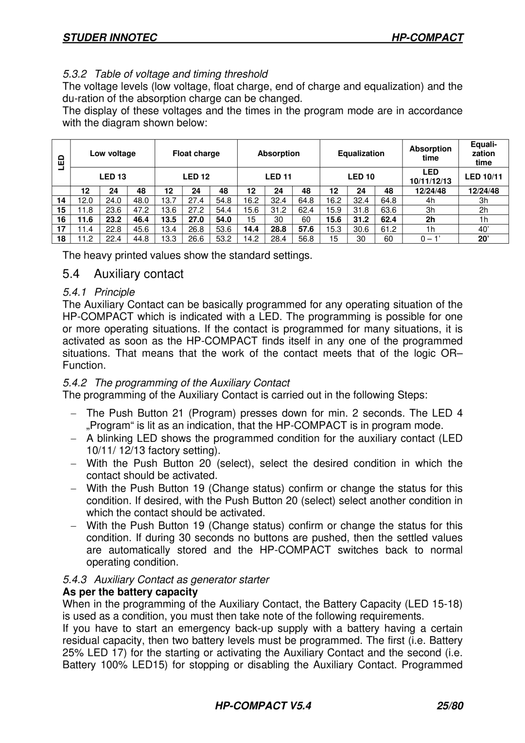 Studer Innotec HPC 2800-12, HPC 4400-24, HPC 600-48, HPC 6000-48 Auxiliary contact, Table of voltage and timing threshold 