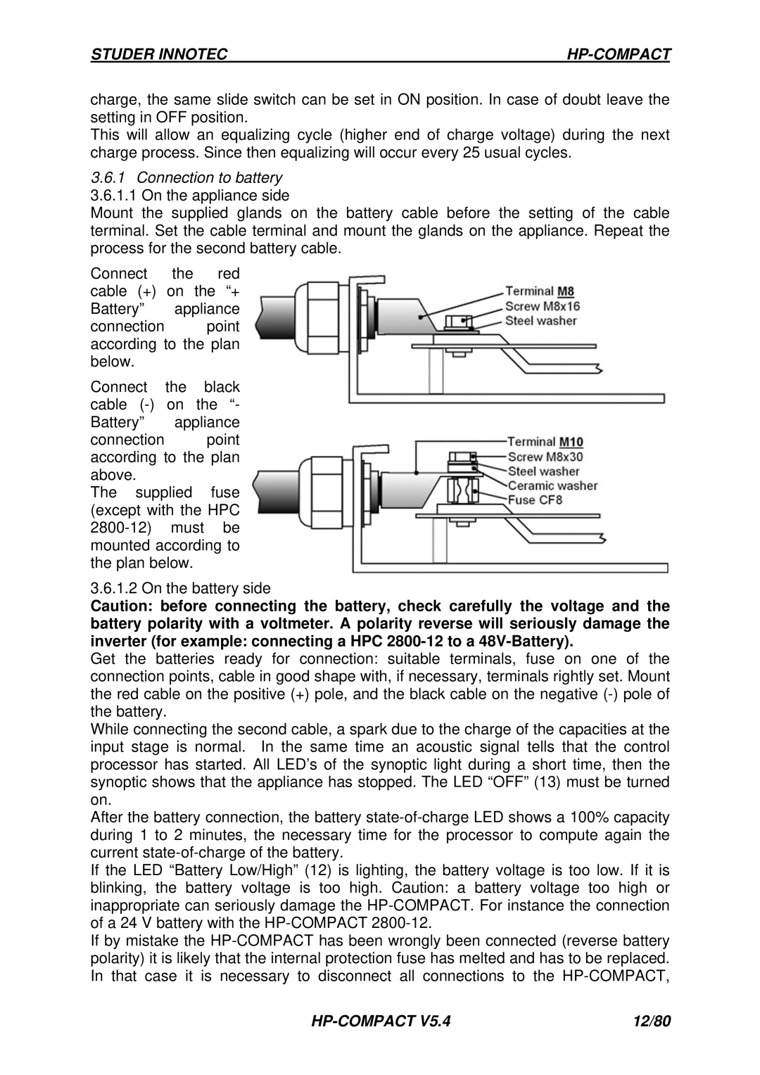 Studer Innotec HPC 2800-12, HPC 4400-24, HPC 6000-48, HPC 8000-48 Connection to battery 3.6.1.1 On the appliance side 