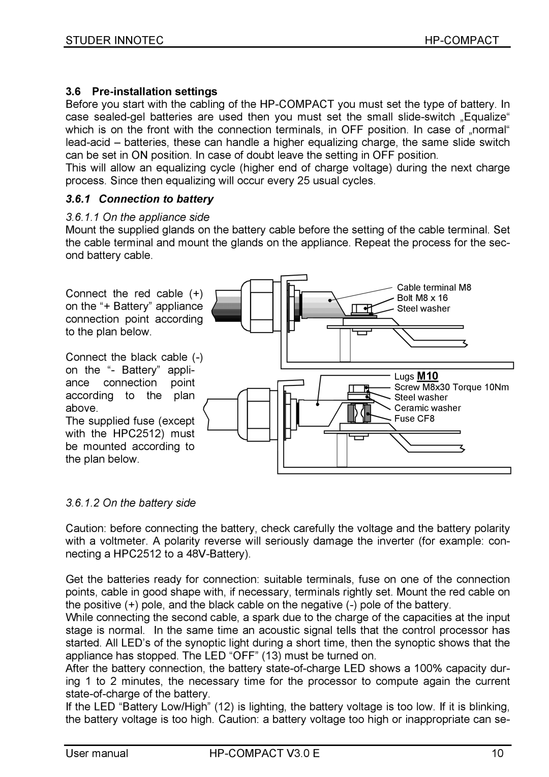 Studer Innotec HPC4024, HPC2512, HPC7048, HPC5048 user manual Pre-installation settings, Connection to battery 