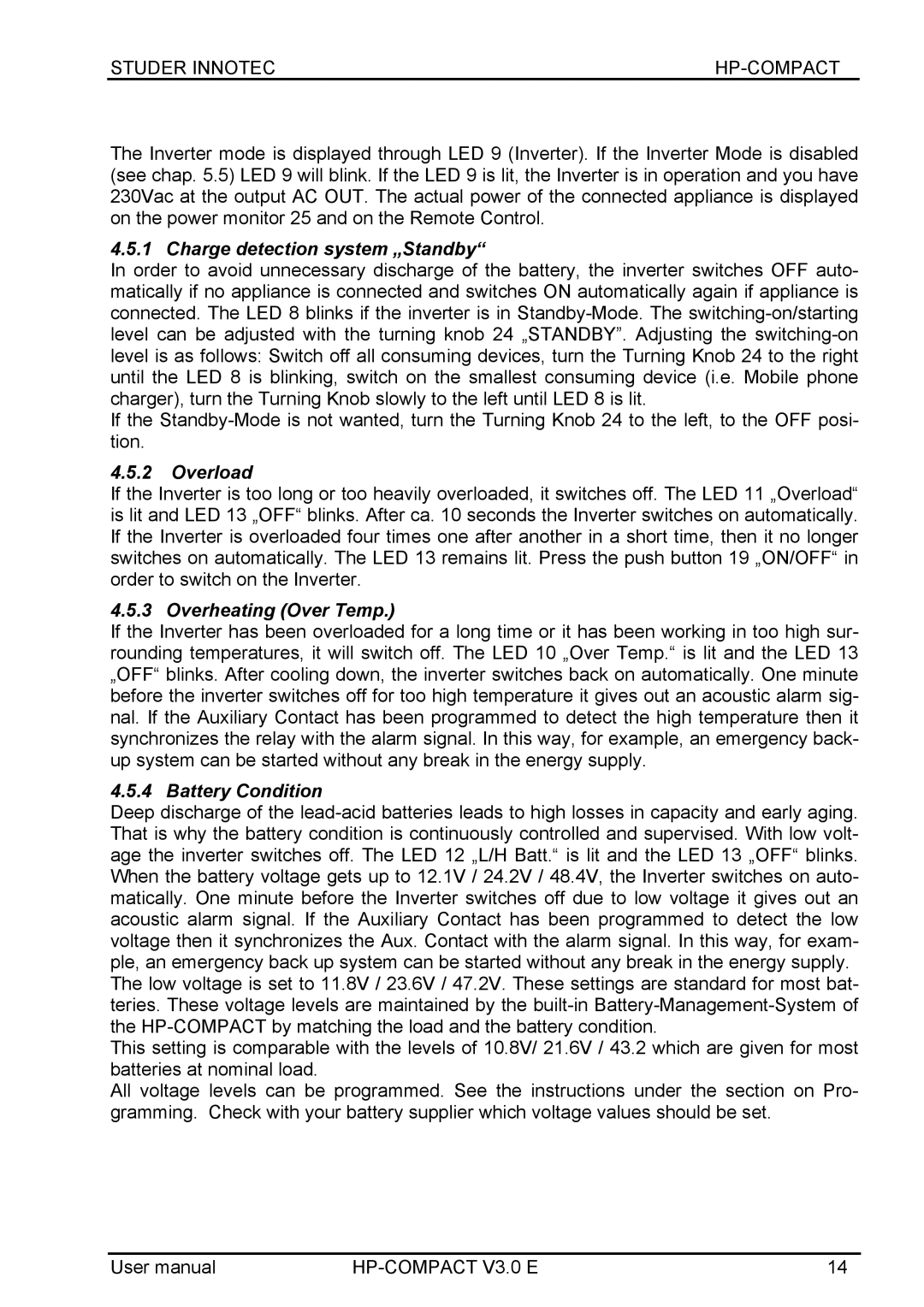 Studer Innotec HPC4024, HPC2512 Charge detection system „Standby, Overload, Overheating Over Temp, Battery Condition 