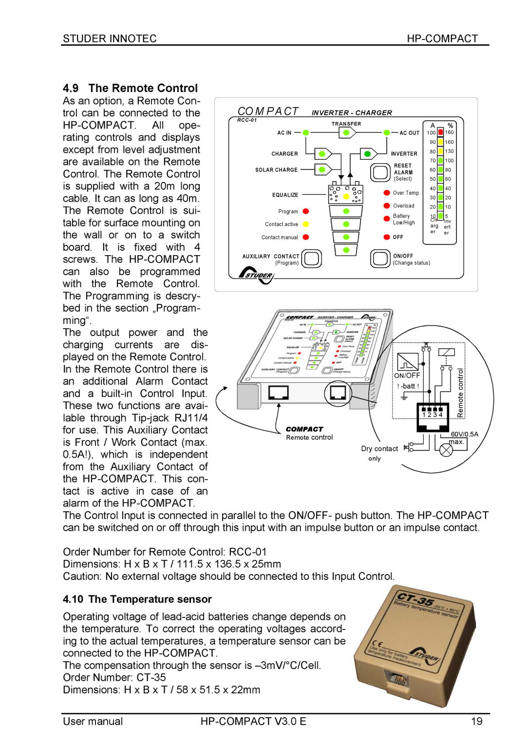 Studer Innotec HPC5048, HPC2512, HPC7048, HPC4024 user manual Remote Control, Temperature sensor 