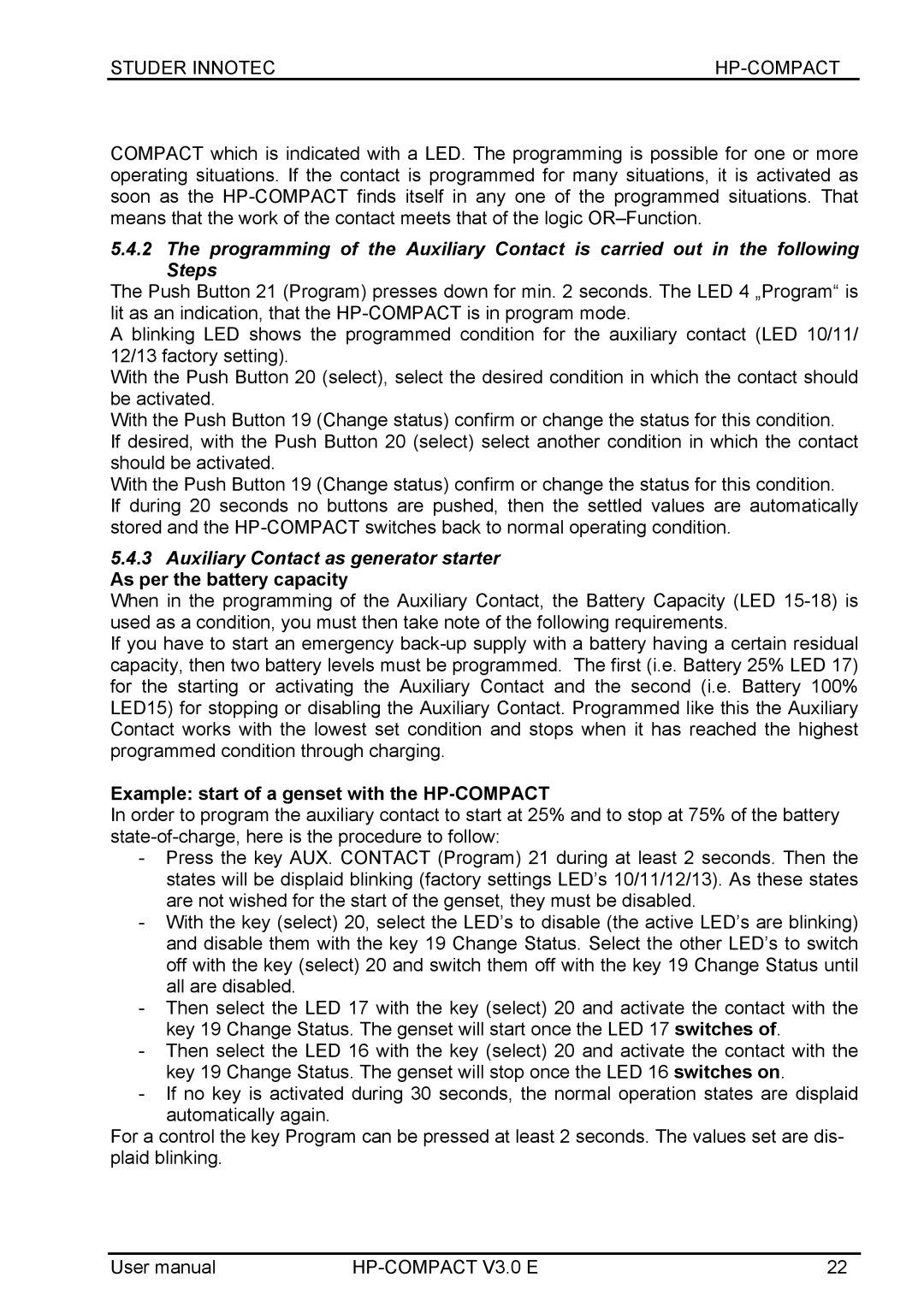 Studer Innotec HPC4024, HPC2512, HPC7048, HPC5048 user manual Example start of a genset with the HP-COMPACT 