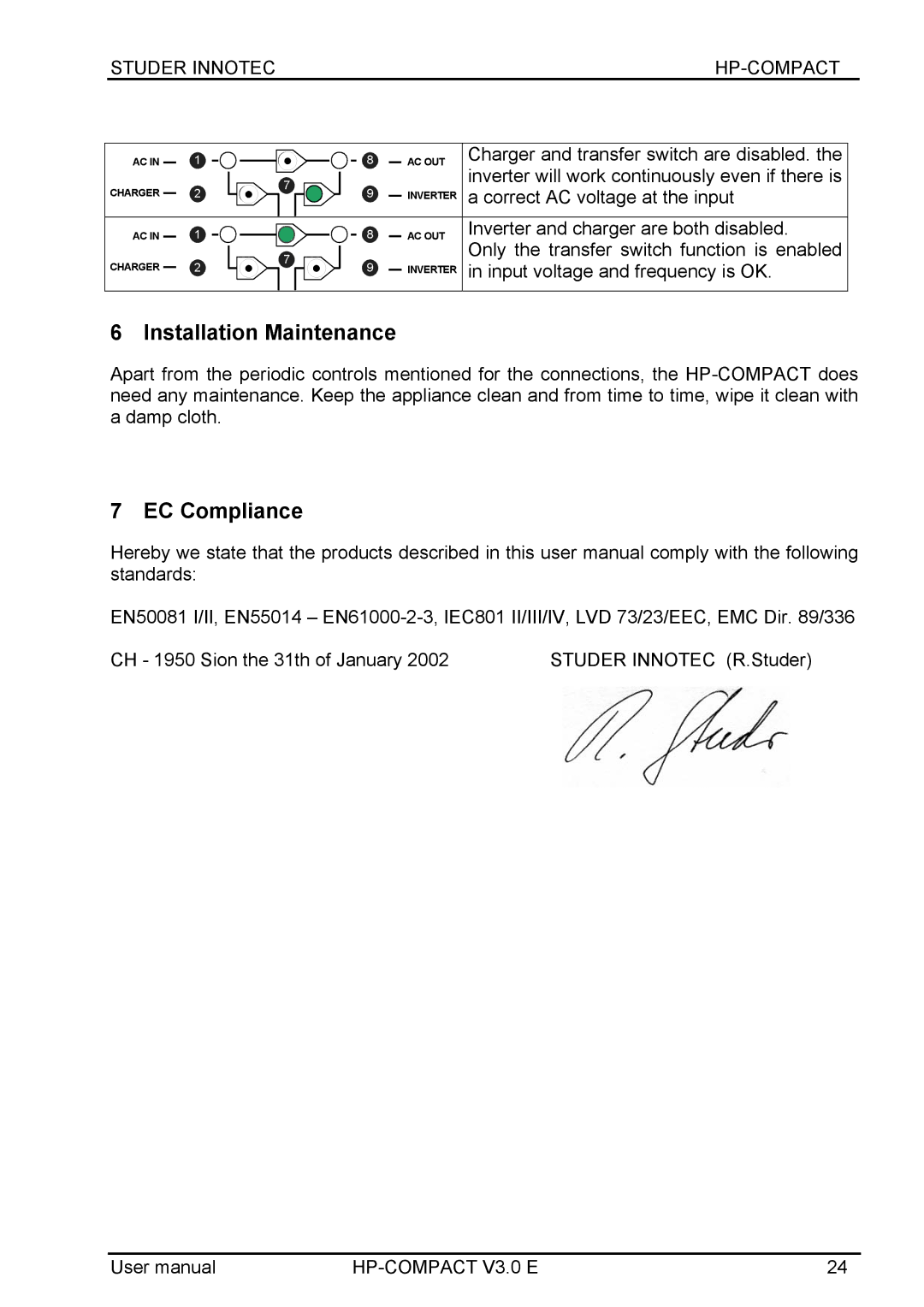 Studer Innotec HPC2512, HPC7048, HPC4024, HPC5048 user manual Installation Maintenance, EC Compliance 