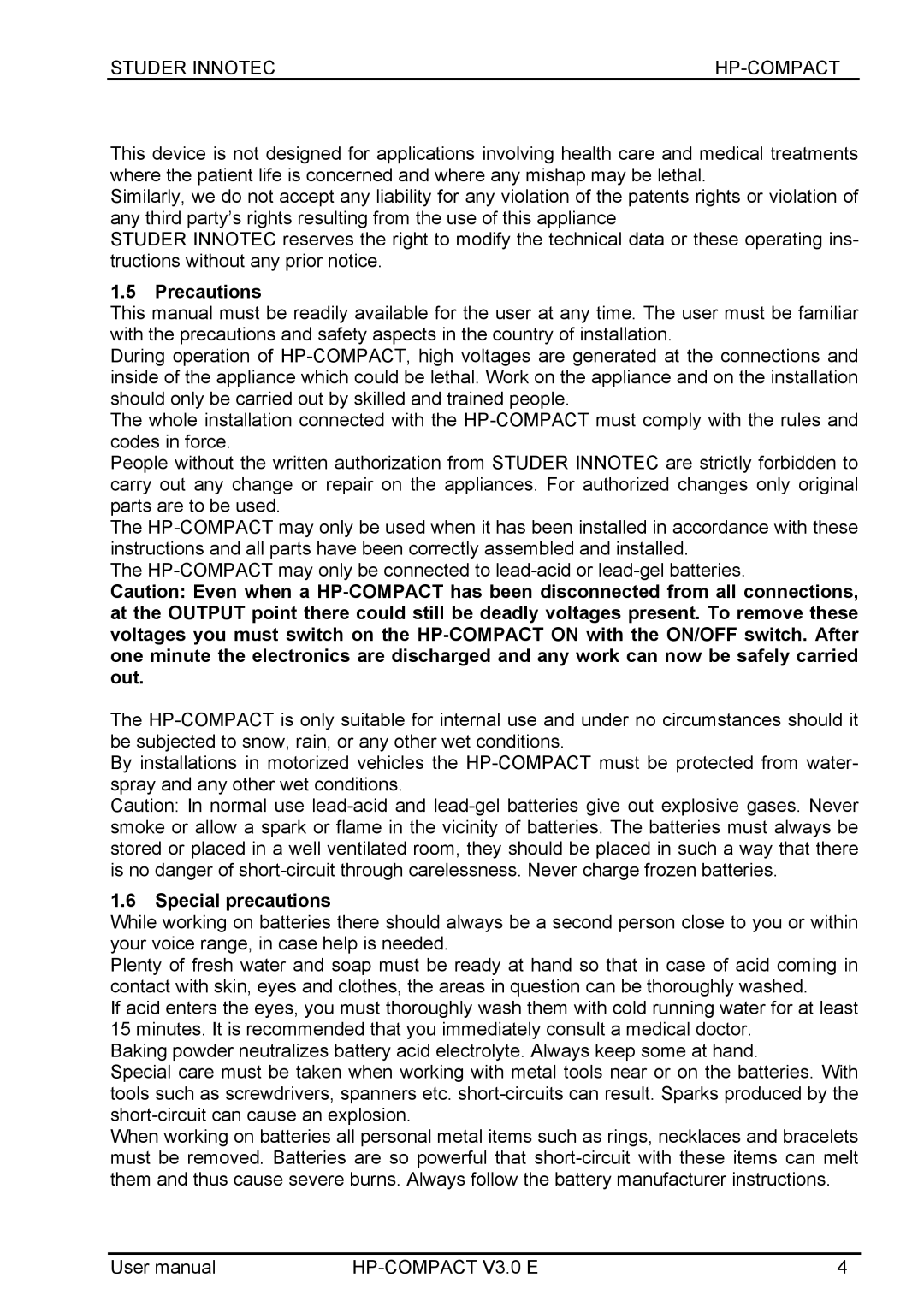 Studer Innotec HPC2512, HPC7048, HPC4024, HPC5048 user manual Precautions, Special precautions 