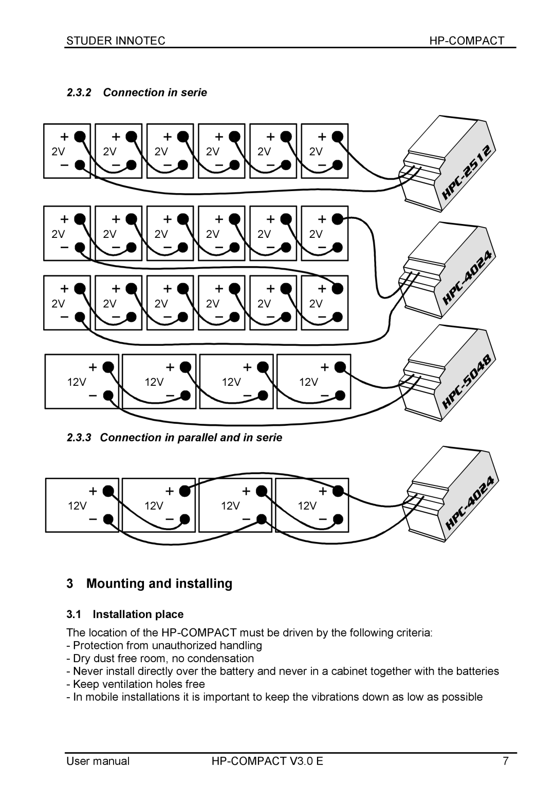 Studer Innotec HPC5048, HPC2512 Mounting and installing, Connection in serie, Connection in parallel and in serie, 12V 