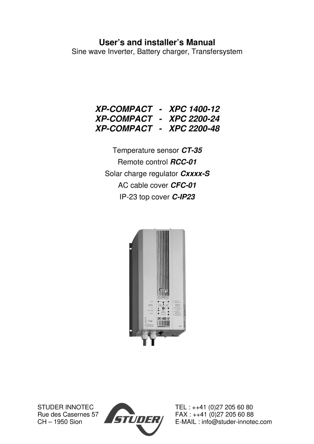 Studer Innotec CT-35, RCC-01, Cxxxx-S, C-IP23 manual Sine wave Inverter, Battery charger, Transfersystem, Studer Innotec 