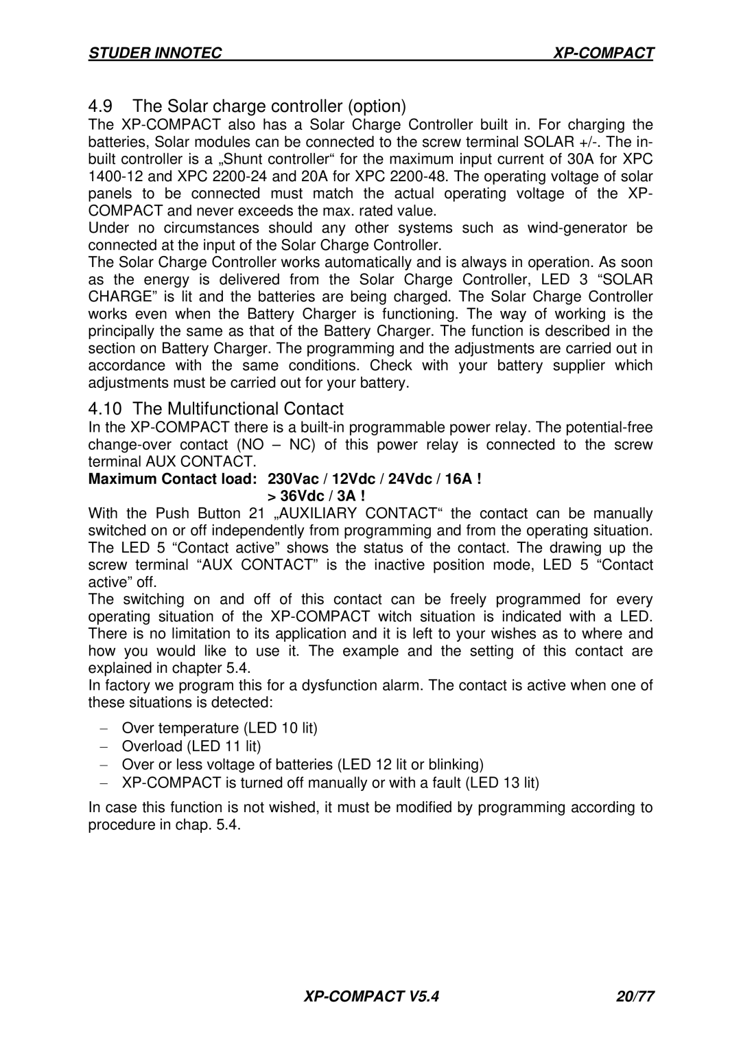 Studer Innotec C-IP23, RCC-01, CT-35, Cxxxx-S, CFC-01 manual Solar charge controller option, Multifunctional Contact 