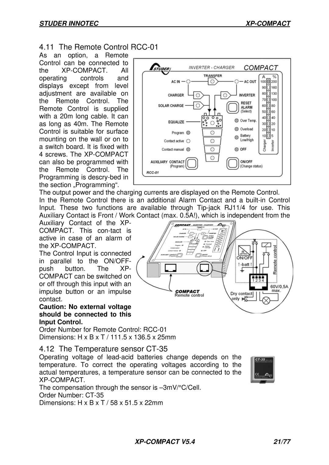 Studer Innotec CFC-01, RCC-01, Cxxxx-S, C-IP23 manual Temperature sensor CT-35, Xp-Compact 