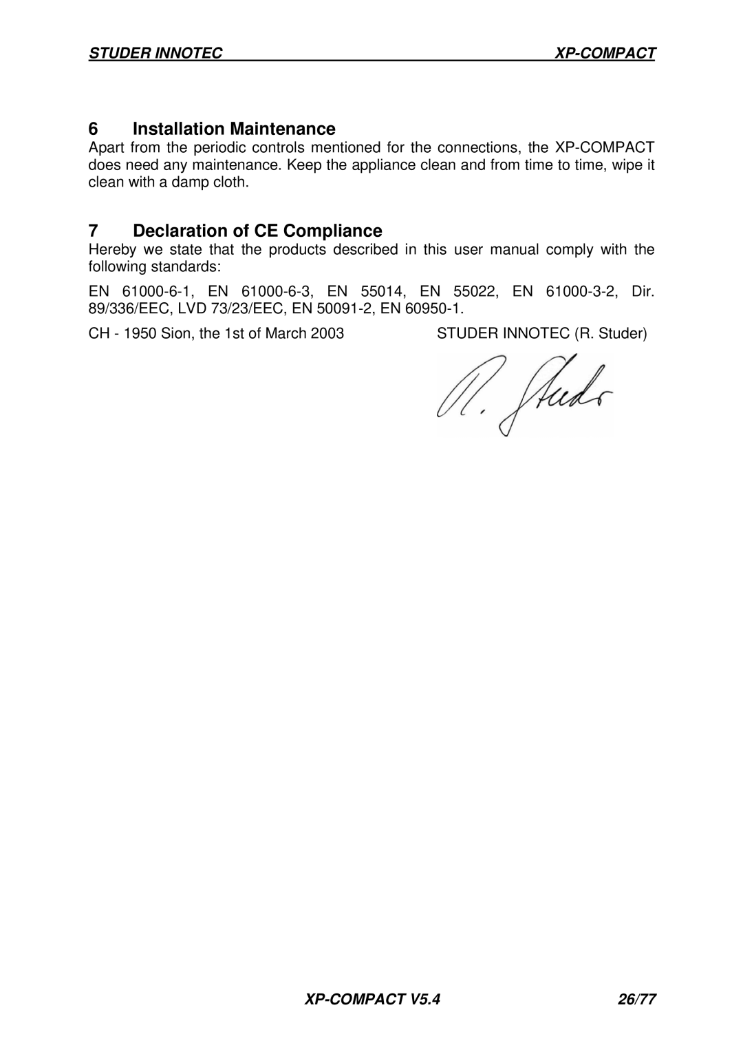 Studer Innotec CFC-01, RCC-01, CT-35, Cxxxx-S, C-IP23 manual Installation Maintenance, Declaration of CE Compliance 