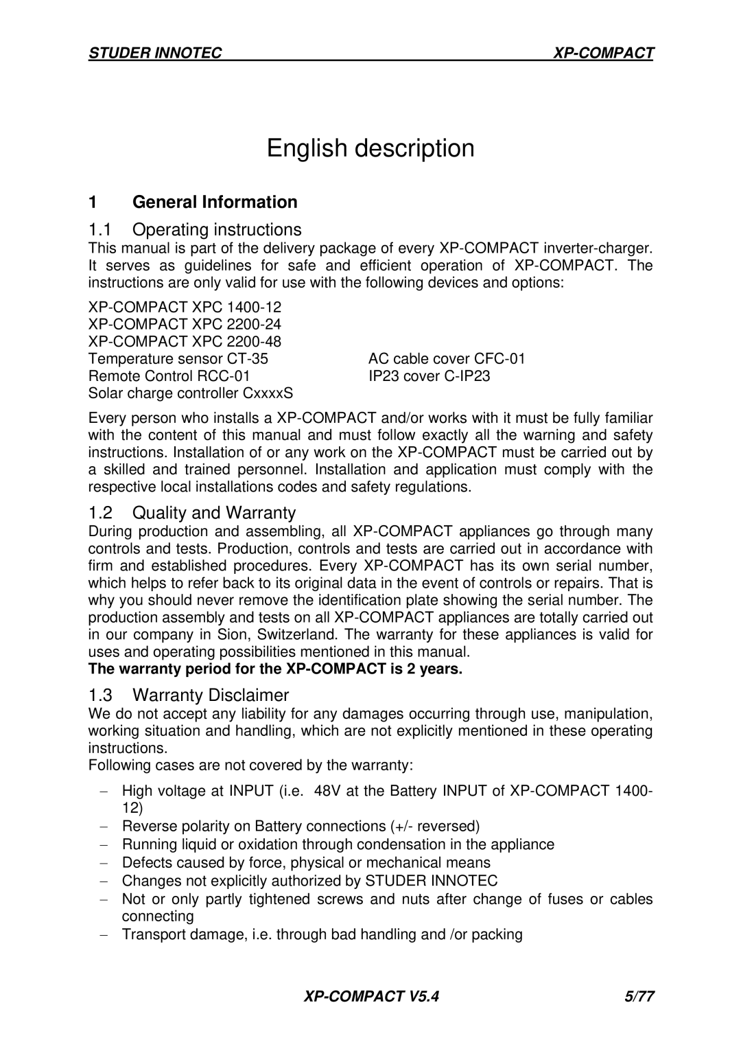 Studer Innotec C-IP23, RCC-01, CT-35 General Information, Operating instructions, Quality and Warranty, Warranty Disclaimer 